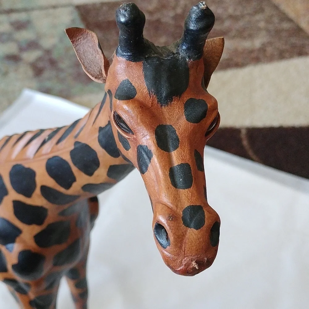Vintage Leather Wrapped Giraffe Statue Office Decor 17.5